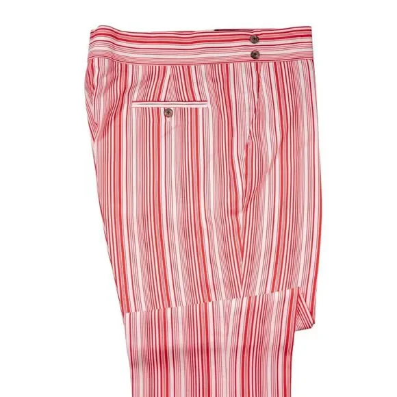 Mens Gurkha Pants 38 Red White Striped Cotton Trousers Straight Fit Flat Front